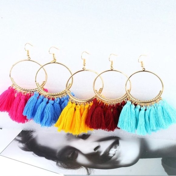 Fashion Bohemian Big Circle Tassel Earrings Blue - Picture 2 of 4